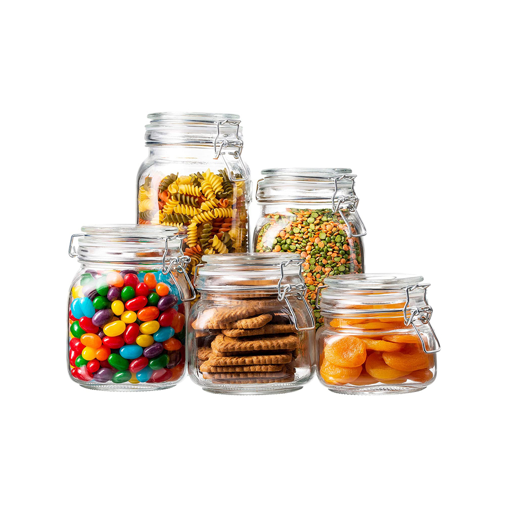 Various sizes round storage jar with hermetic clip glass lid for kitchen storage