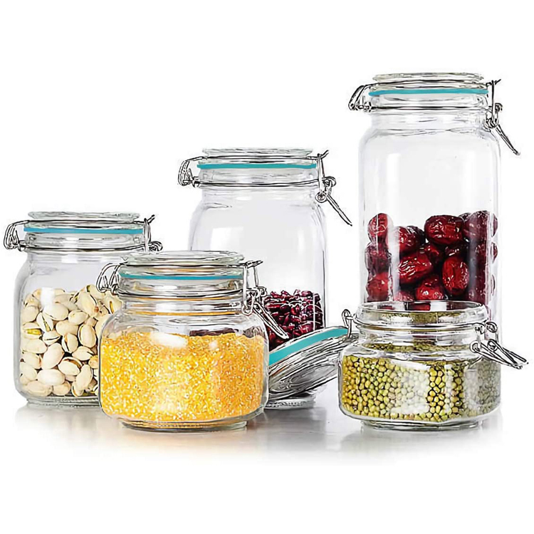 Various sizes round storage jar with hermetic clip glass lid for kitchen storage