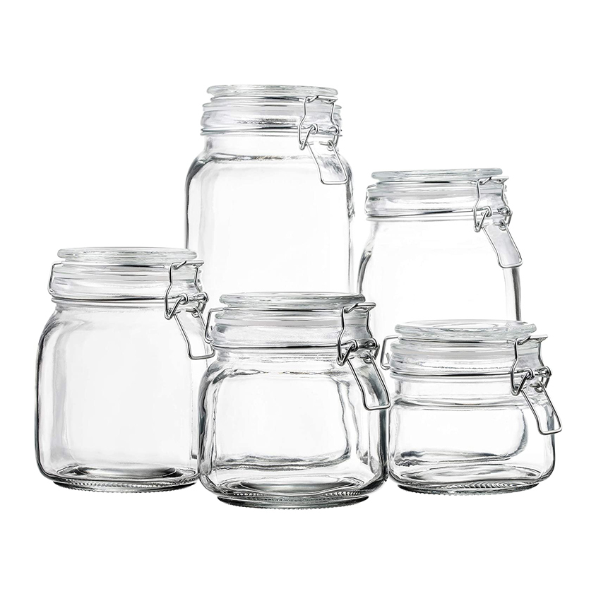 Various sizes round storage jar with hermetic clip glass lid for kitchen storage