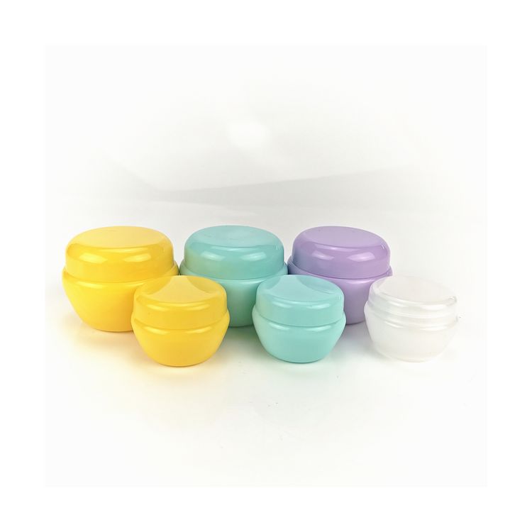 Various small-capacity cream jars and Cream jars in colored plastic