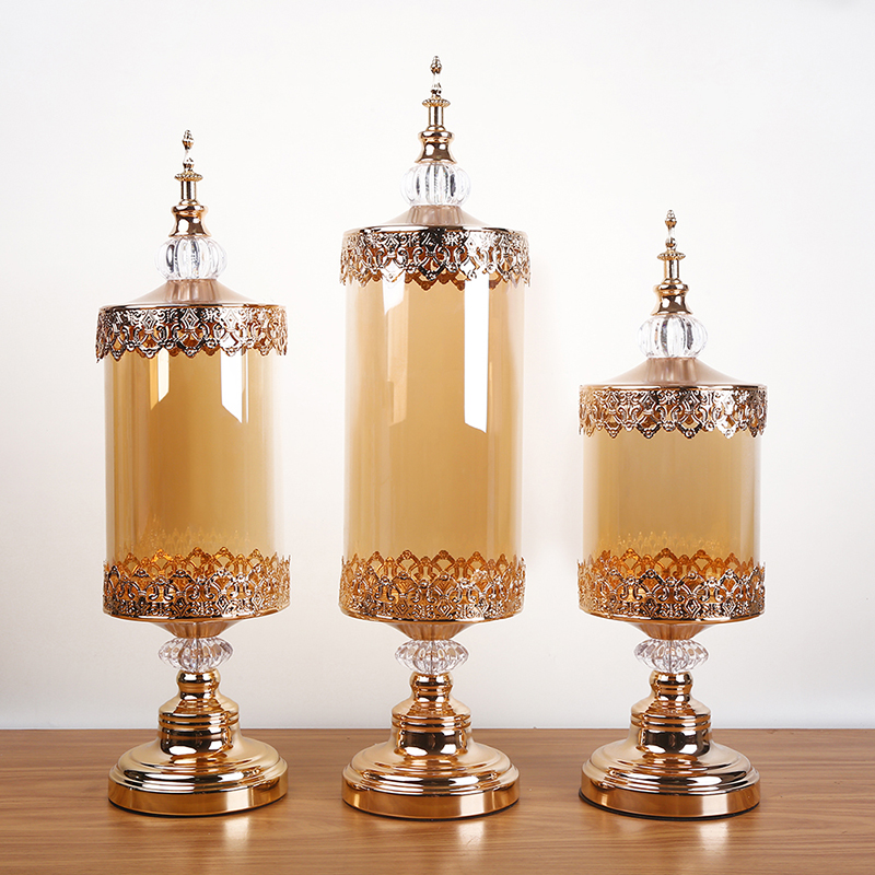 Vintage openwork lace light luxury living room glass jar with lid stand candle holder