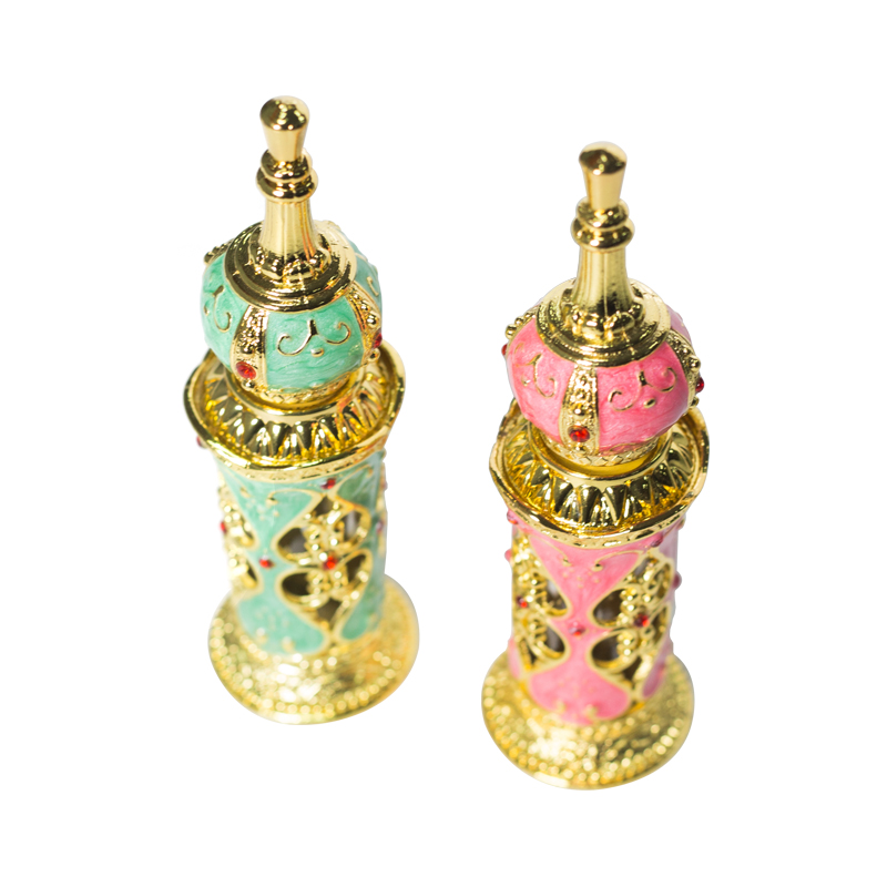 Vintage perfume bottle essence oil bottle gold powder color and gold green cheap high quality can be customized