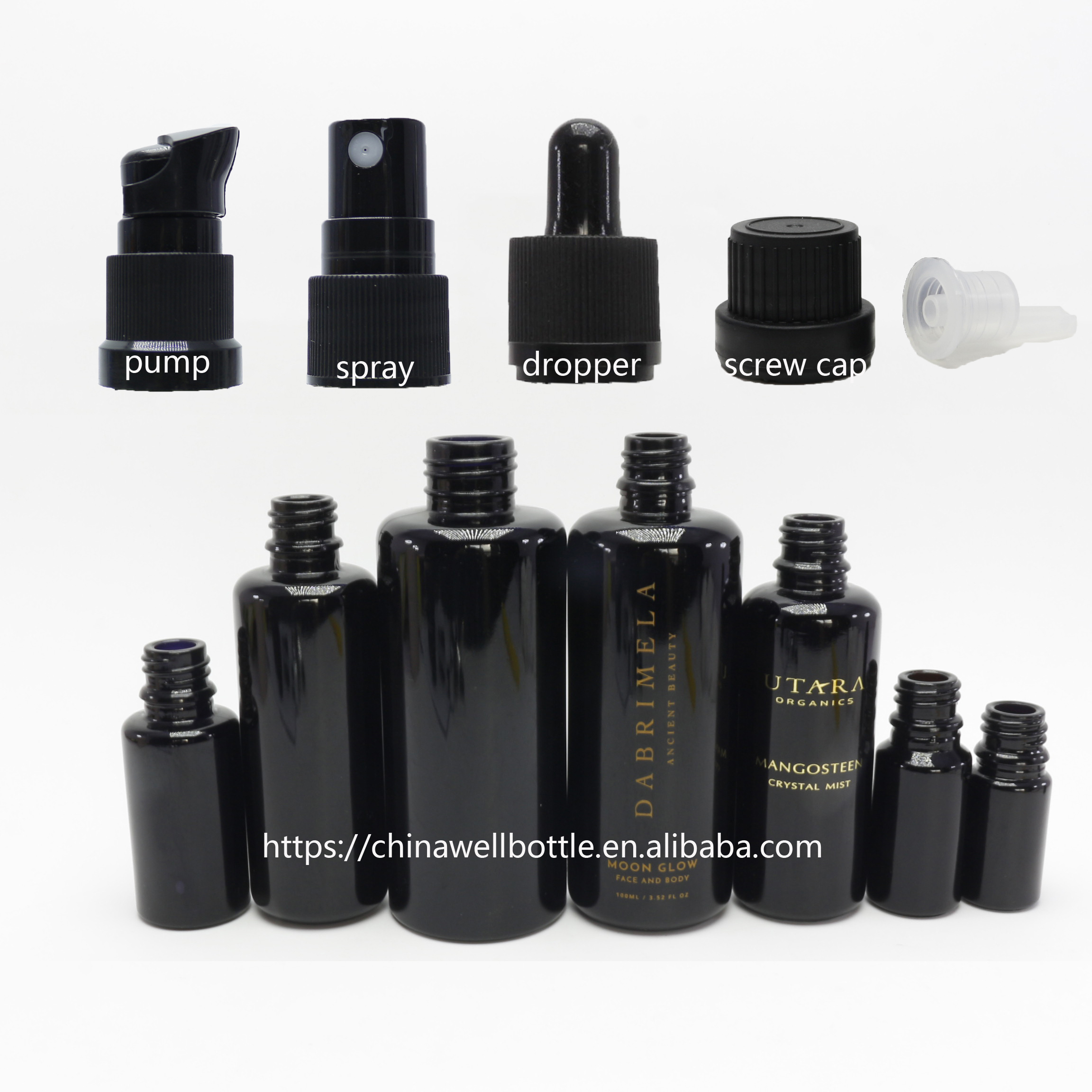 Violet UV Black Glass Container 250 ml Screw Top Jar 100 ml Push Pump Bottle 30 ml Fine Mist Bottle 15 ml Euro Dropper bottle E