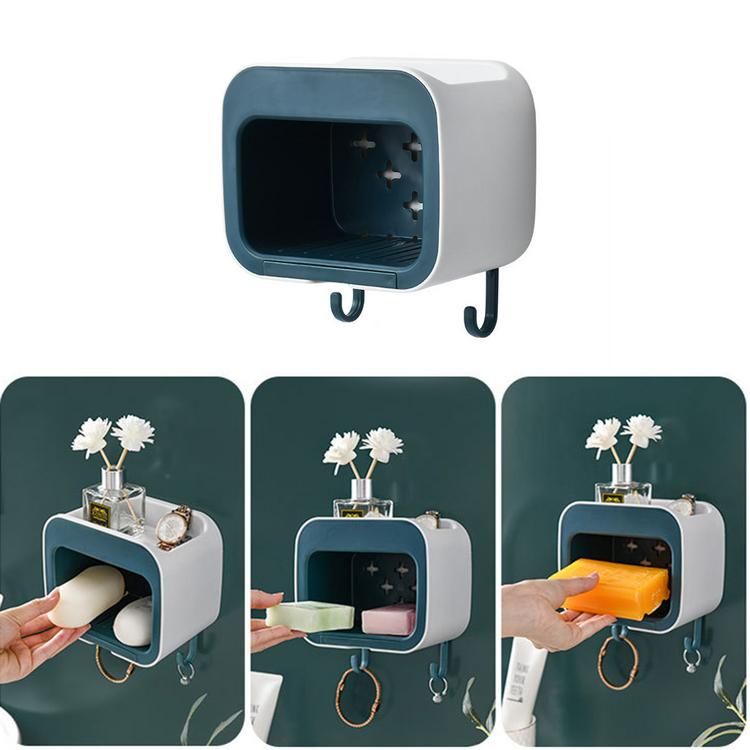 Wall-mounted bathroom creative soap box toilet soap box-free perforated drain with hook rack bathroom products