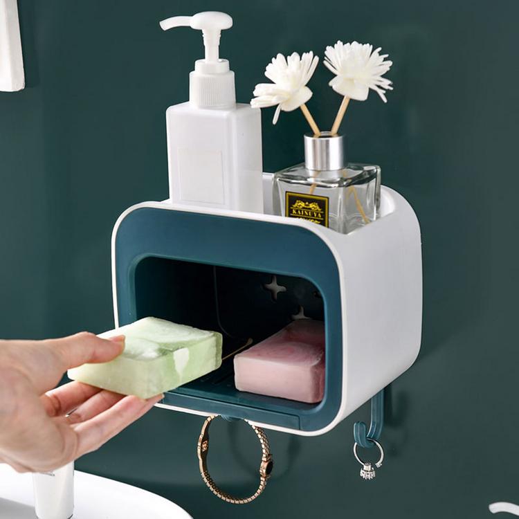 Wall-mounted bathroom creative soap box toilet soap box-free perforated drain with hook rack bathroom products