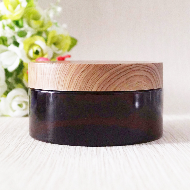 Water transfer wood grain cap 200g amber pet cosmetic jars plastic
