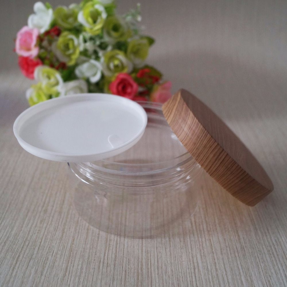 Water transfer wood grain cap 200g amber pet cosmetic jars plastic