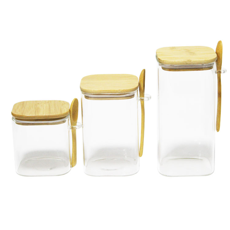 Waterproof recycled food storage square glass jar airtight bamboo cover lid