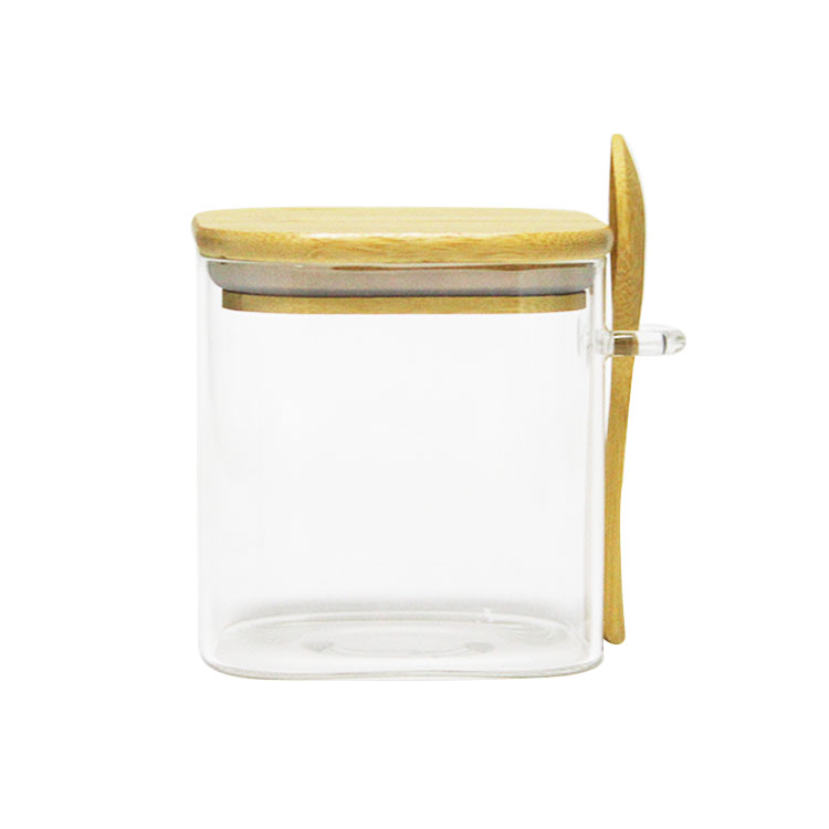 Waterproof recycled food storage square glass jar airtight bamboo cover lid