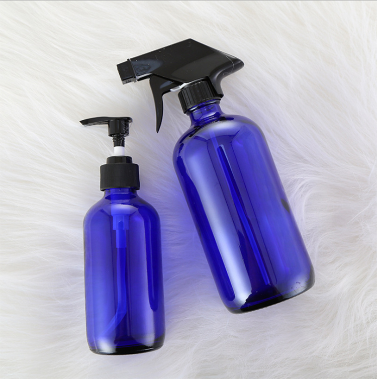 White/Blue/Amber Boston Round Glass Bottle with spray pump 250ml 500ml