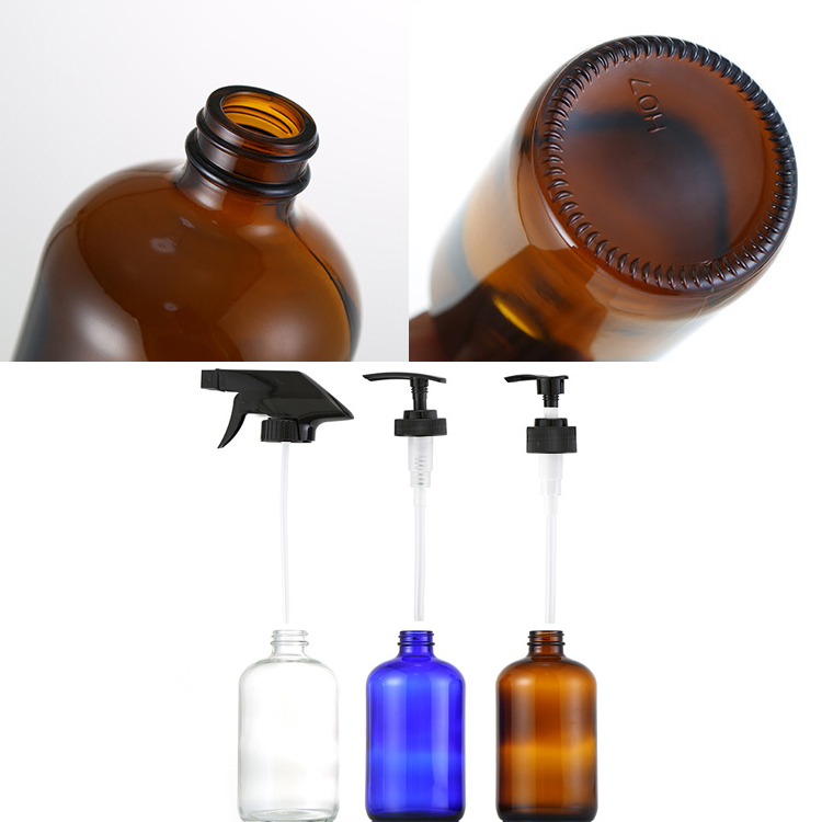 White/Blue/Amber Boston Round Glass Bottle with spray pump 250ml 500ml