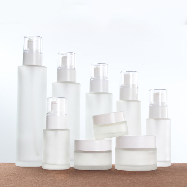 White Glass Frosted Cosmetic Packing Lotion Spray Bottle Cream Jar with White Cap