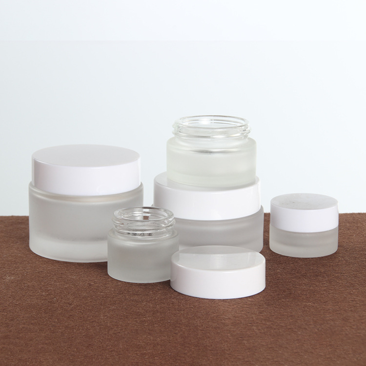 White Glass Frosted Cosmetic Packing Lotion Spray Bottle Cream Jar with White Cap