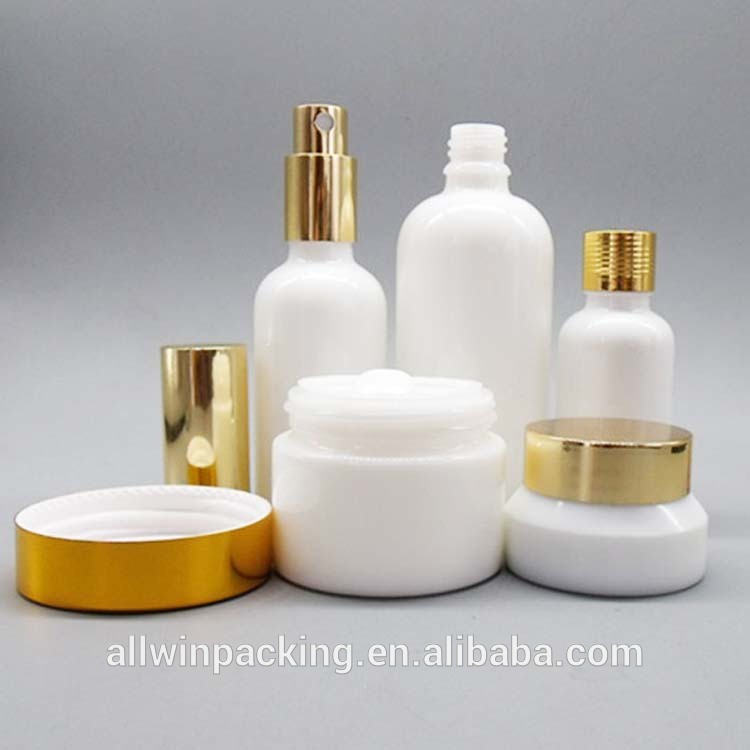 White glass porcelain cosmetic glass cream jars & bottles container and packaging with gold lid 5g 15g 30g 50g 60g 100g 1oz 2oz