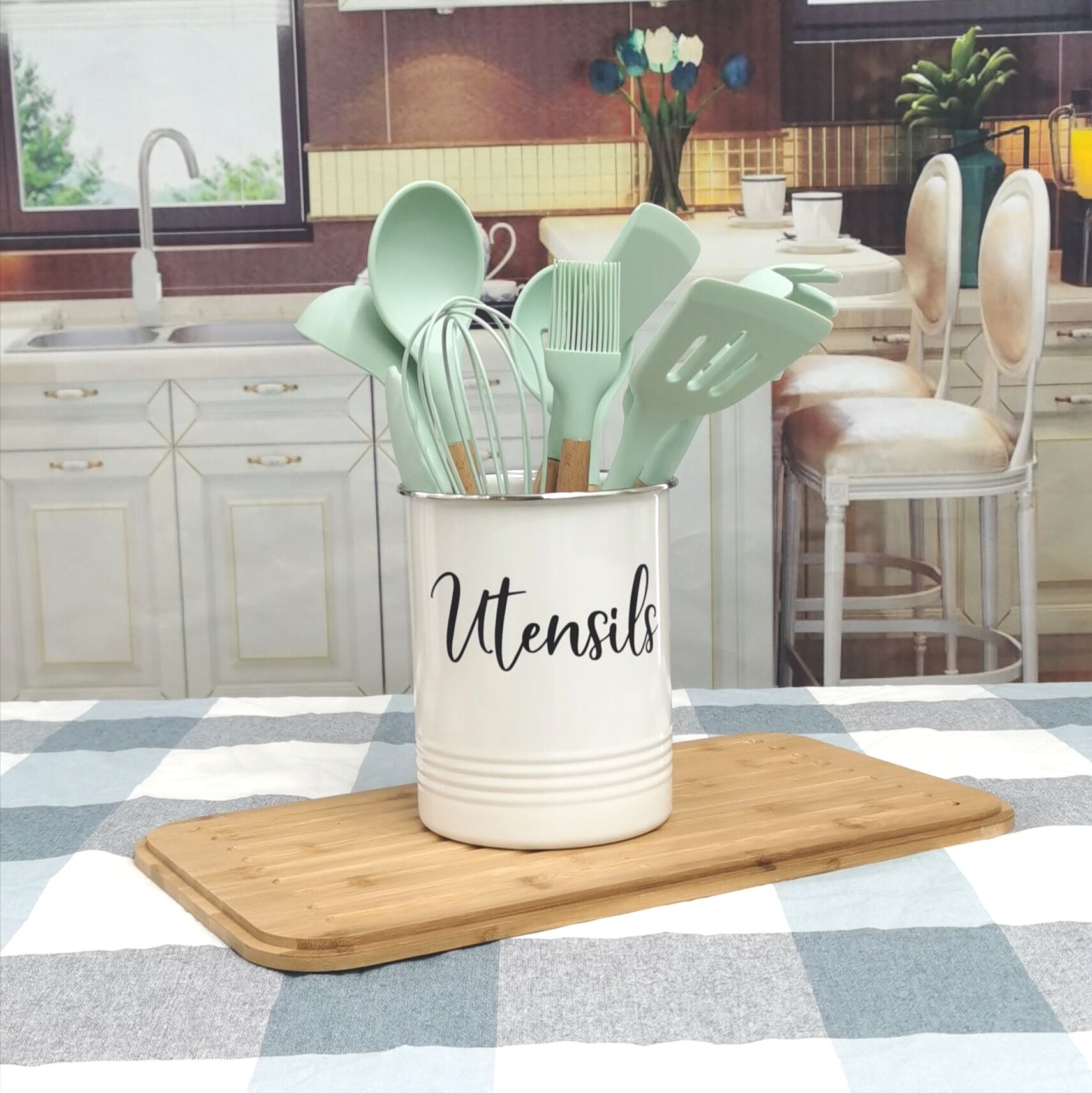 White kitchen stainless steel tableware can kitchen decoration stainless steel edge tableware table top storage can
