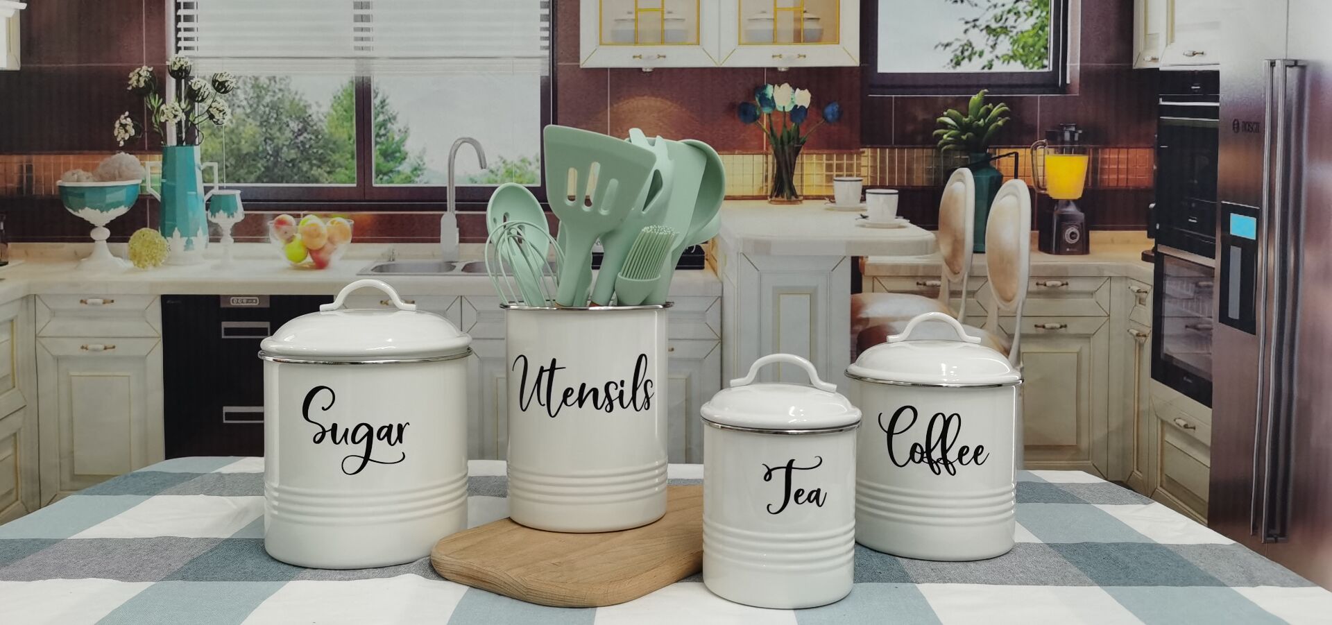 White kitchen stainless steel tableware can kitchen decoration stainless steel edge tableware table top storage can