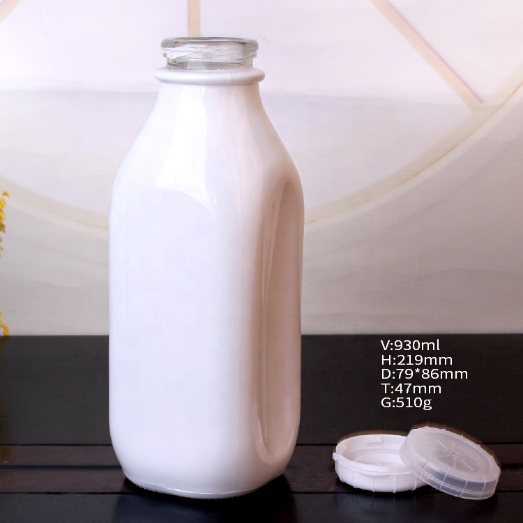 White square shape 930ml glass milk bottle beverage bottle with plastic lid