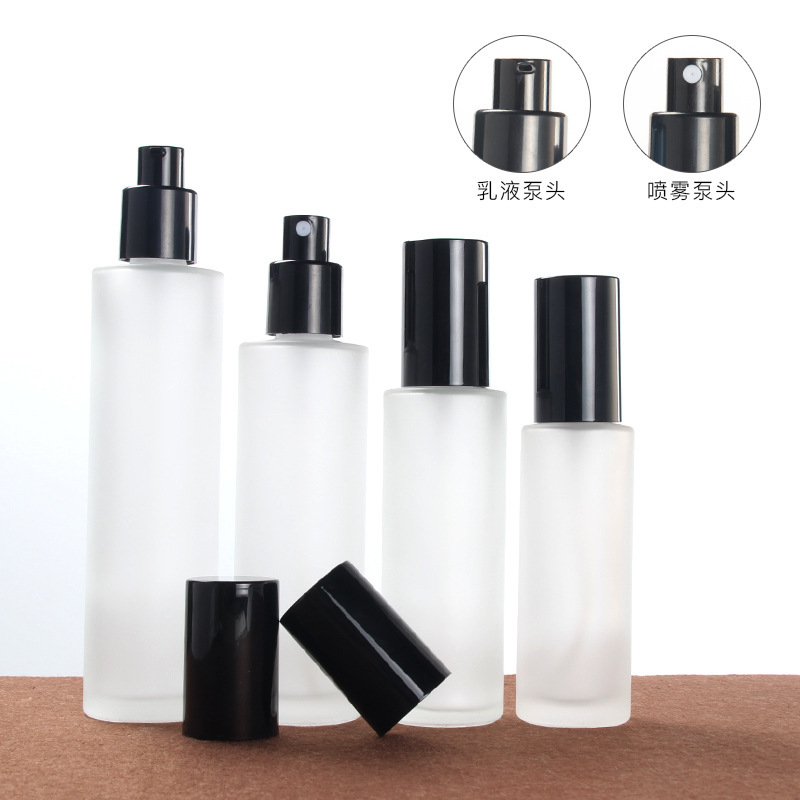 Whoesale 50ml 60ml 80ml 100ml frosted cream lotion bottle cosmetic packaging glass bottle with pump mist spray caps