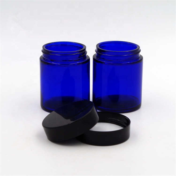 Whole Sale 4 oz 120ml Cobalt Blue Straight Side Round Cosmetic Skin Care CBD Jar Facial Hand Cream Glass Jars with Black Lids
