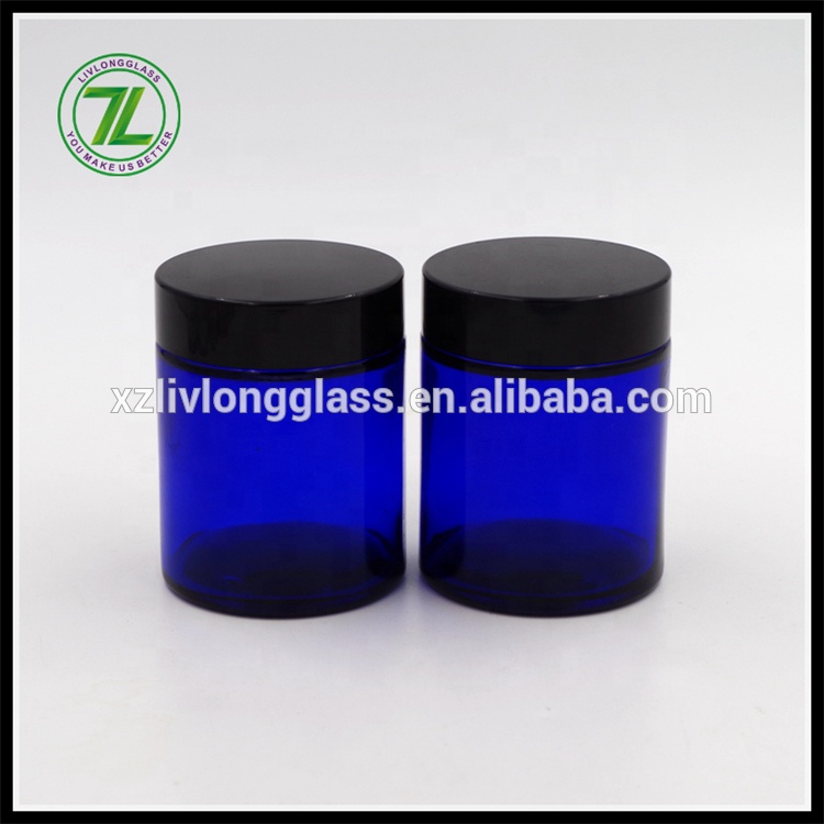 Whole Sale 4 oz 120ml Cobalt Blue Straight Side Round Cosmetic Skin Care CBD Jar Facial Hand Cream Glass Jars with Black Lids