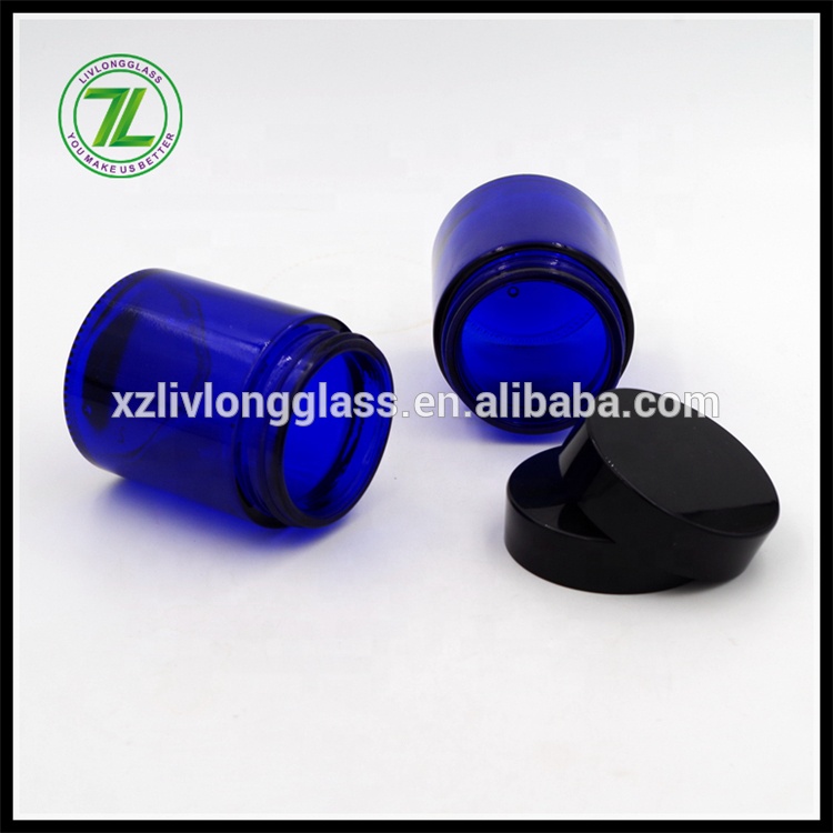 Whole Sale 4 oz 120ml Cobalt Blue Straight Side Round Cosmetic Skin Care CBD Jar Facial Hand Cream Glass Jars with Black Lids
