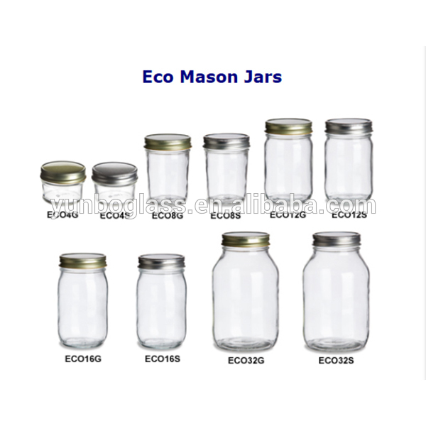 Whole sale 4oz, 8oz, 12oz, 16oz, 32oz glass mason jars with metal lid
