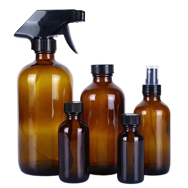 Wholesale 1/2oz 1oz 2oz 4oz 8oz 16oz 32oz  Amber  Boston Round Essential Oil Glass Bottle G.P.I Top Finish