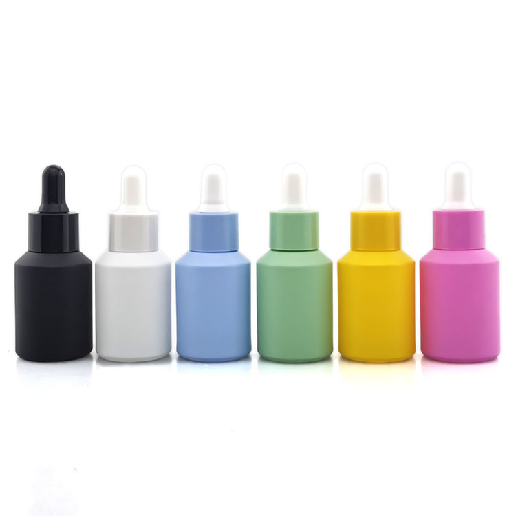Wholesale 1 oz 30 ml frosted black white pink yellow green blue empty glass dropper bottle for serum oil packaging