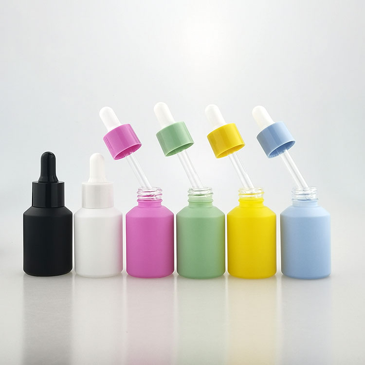 Wholesale 1 oz 30 ml frosted black white pink yellow green blue empty glass dropper bottle for serum oil packaging