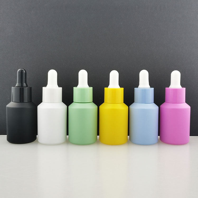 Wholesale 1 oz 30 ml frosted black white pink yellow green blue empty glass dropper bottle for serum oil packaging