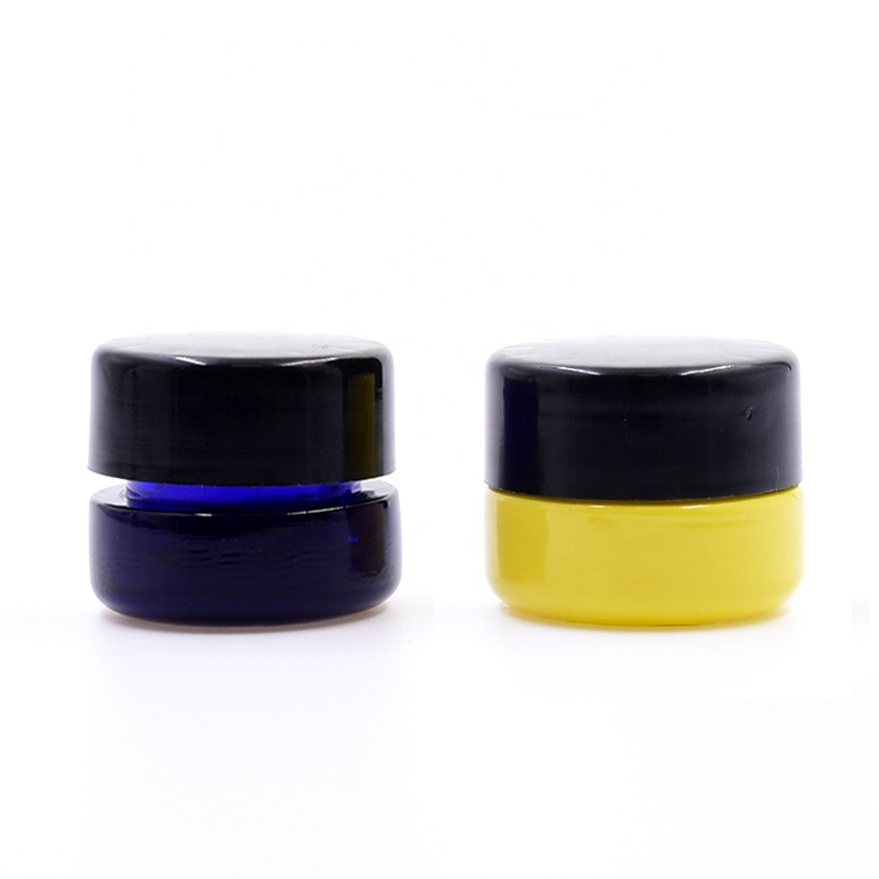 Wholesale 10 ml dark blue round straight side eye cream cosmetic packing glass jar with plastic child proof lid.