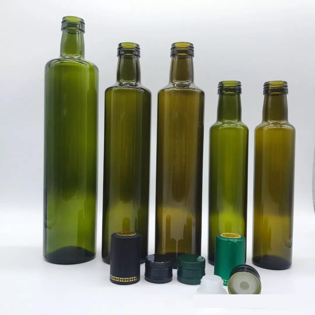 Wholesale 100 ml 250 ml 500 ml 750 ml 1000 ml food grade empty dark green round and square vinegar olive oil color glass bottle