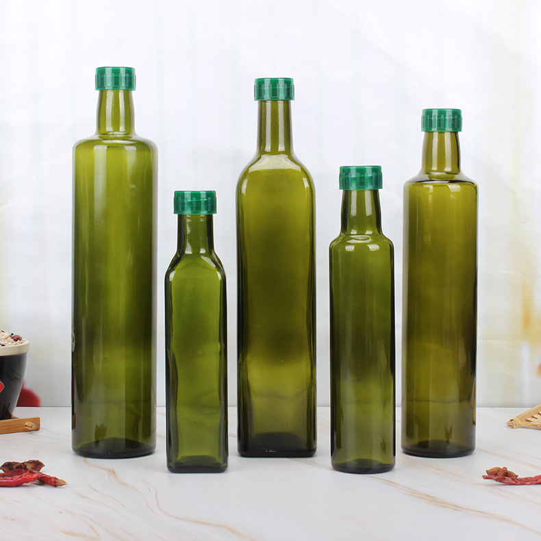 Wholesale 100 ml 250 ml 500 ml 750 ml 1000 ml food grade empty dark green round and square vinegar olive oil color glass bottle