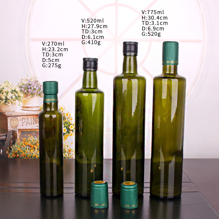 Wholesale 100 ml 250 ml 500 ml 750 ml 1000 ml food grade empty dark green round and square vinegar olive oil color glass bottle
