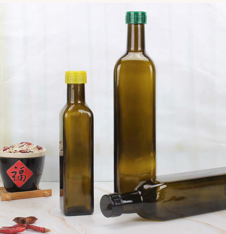 Wholesale 100 ml 250 ml 500 ml 750 ml 1000 ml food grade empty dark green round and square vinegar olive oil color glass bottle