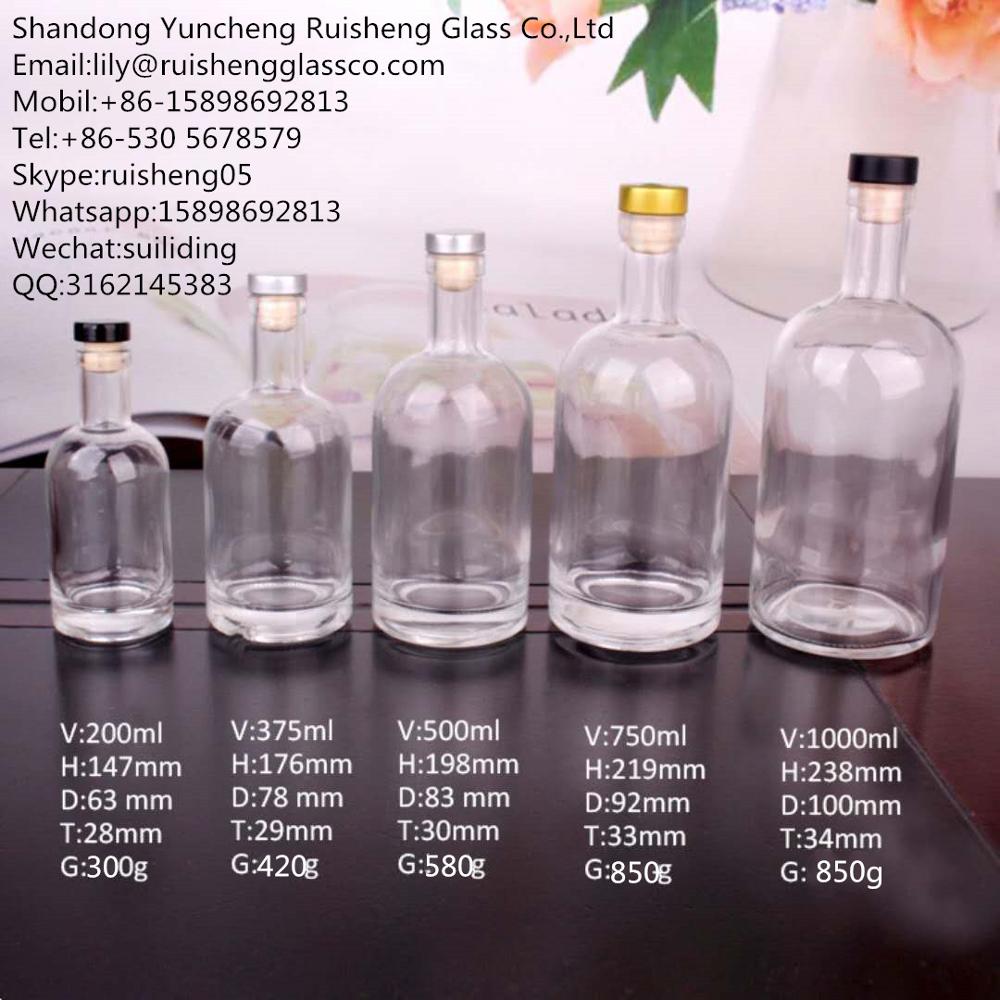 Wholesale 1000ml 750ml 500ml 375ml 200ml 100ml Bottle Glass Gin Whisky Wine Vodka Spirit Glass Bottle for Liquor with Cork