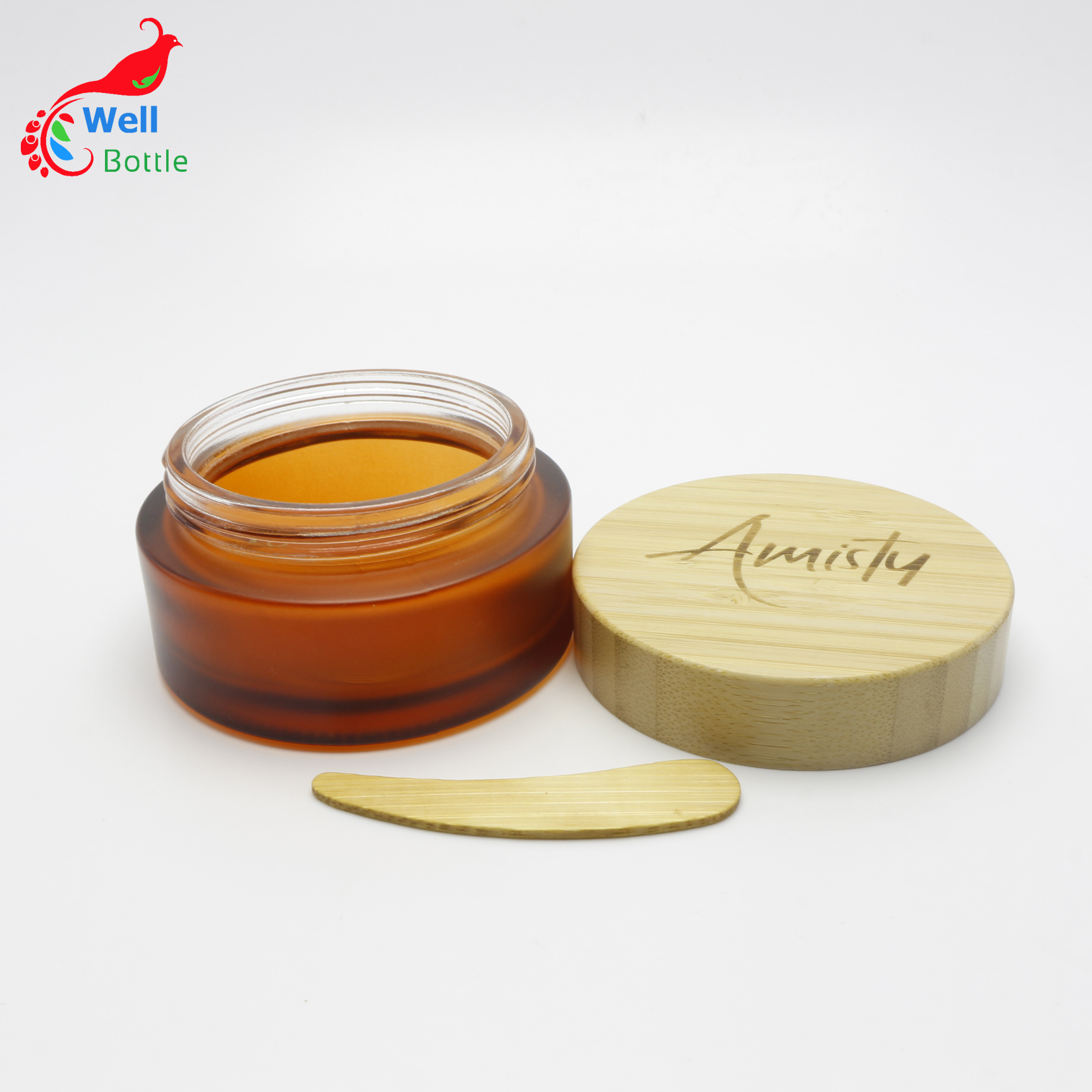 Wholesale 100g amber brown frosted glass jar bamboo lid plastic gasket jar for cosmetic cream J160E