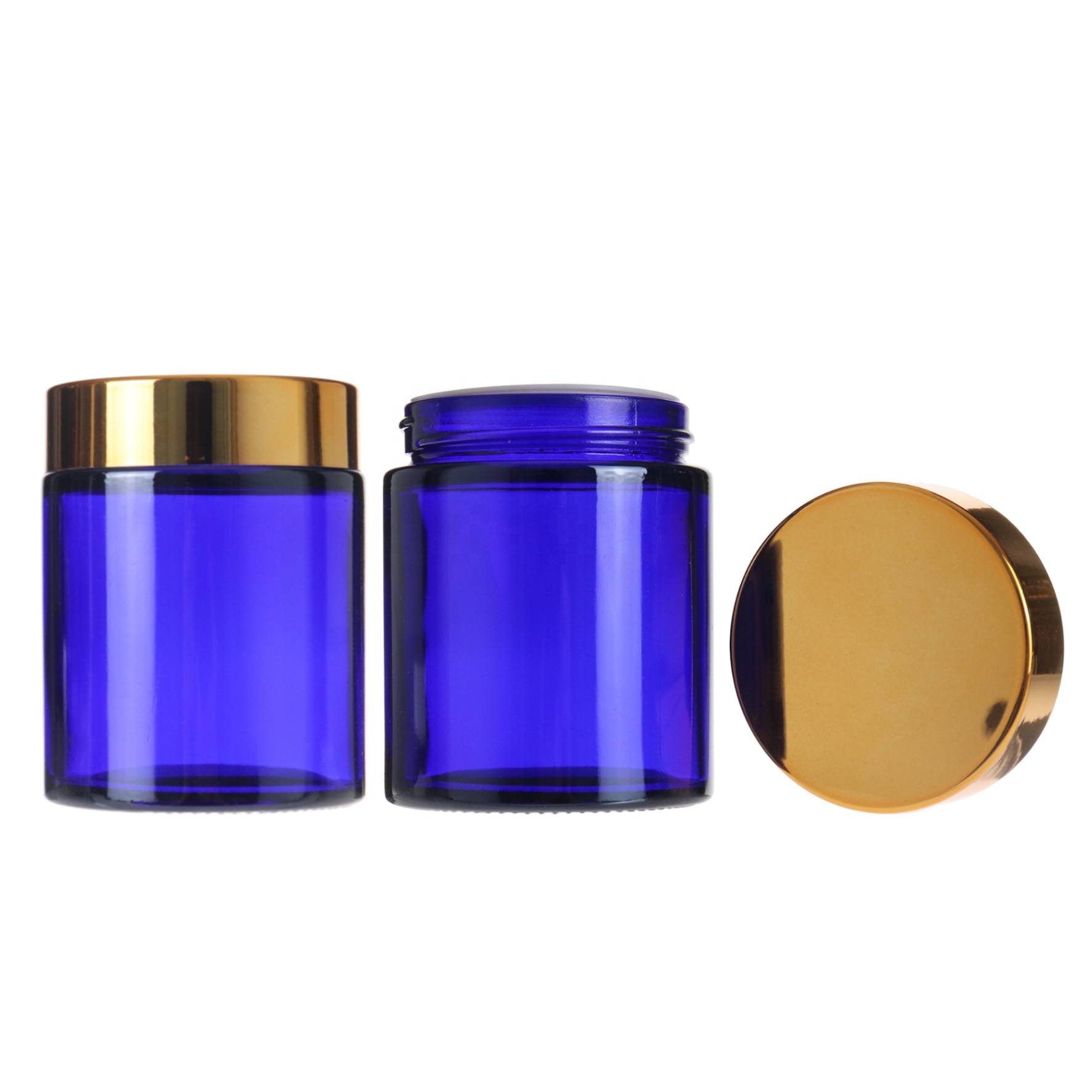 Wholesale 100g blue skincare cream glass jar with gold lid for cosmetics