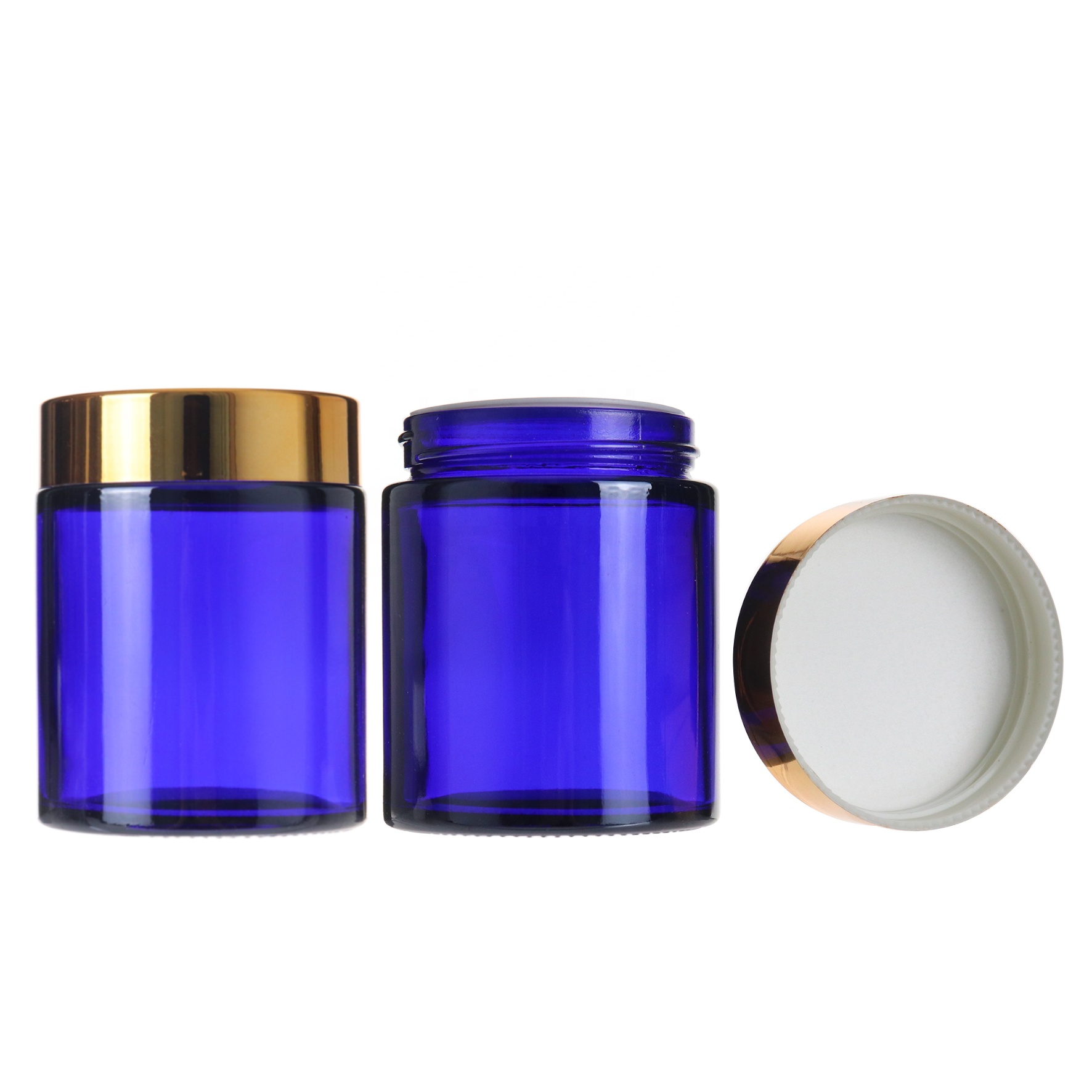 Wholesale 100g blue skincare cream glass jar with gold lid for cosmetics