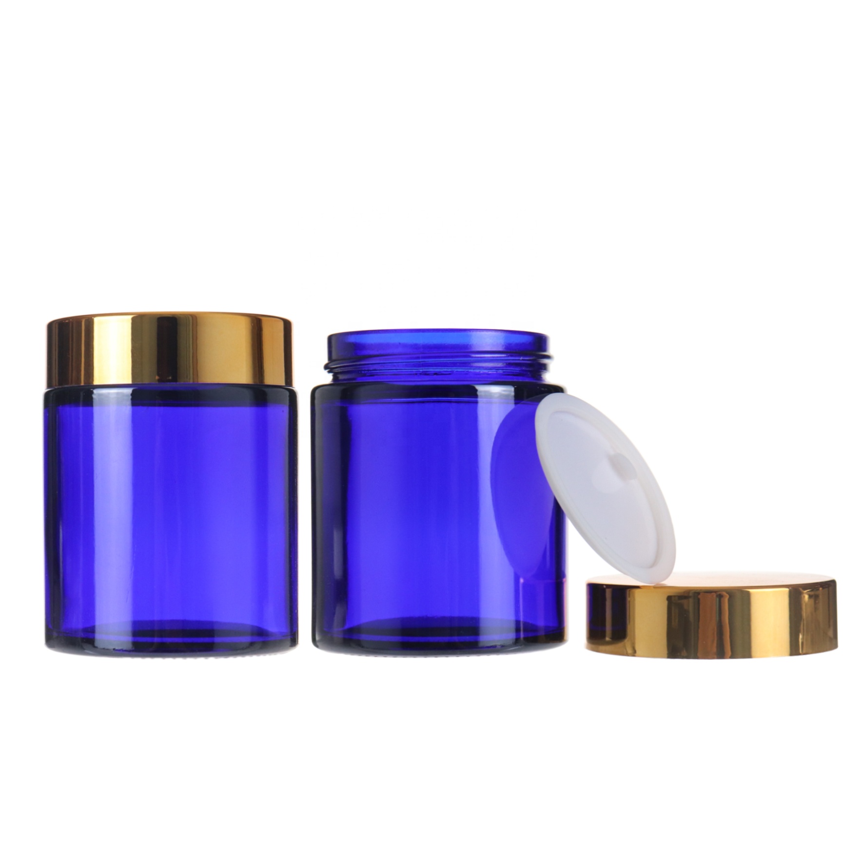 Wholesale 100g blue skincare cream glass jar with gold lid for cosmetics