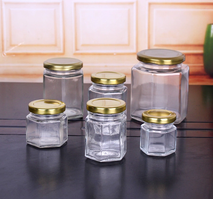 Wholesale 100ml 280ml 380ml 500ml various sizes Hexagonal Glass Jam Jar with Mental Lids