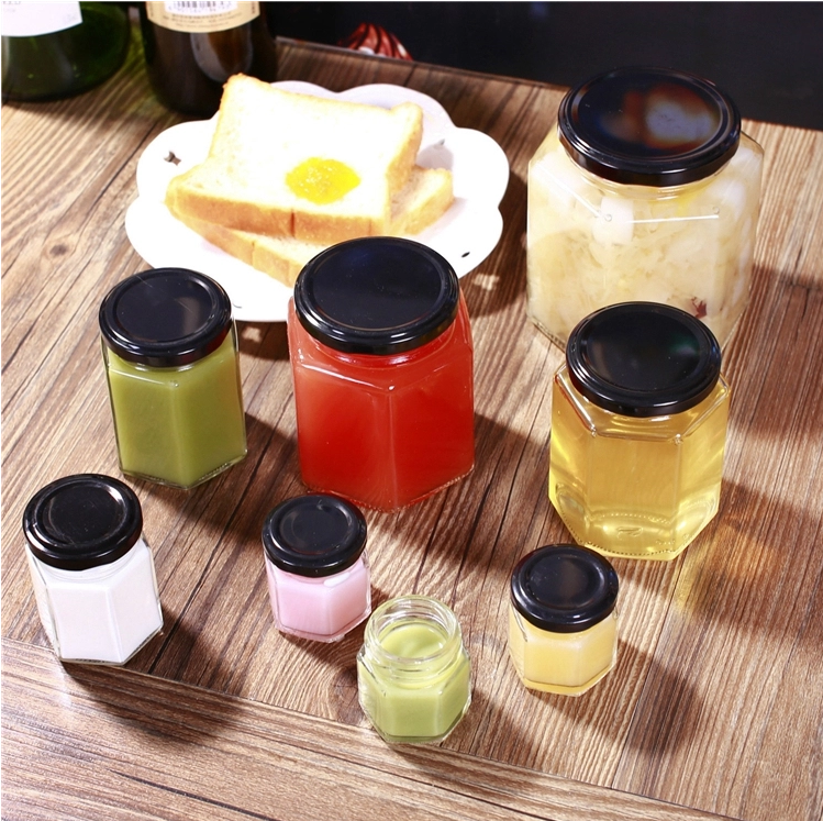 Wholesale 100ml 280ml 380ml 500ml various sizes Hexagonal Glass Jam Jar with Mental Lids