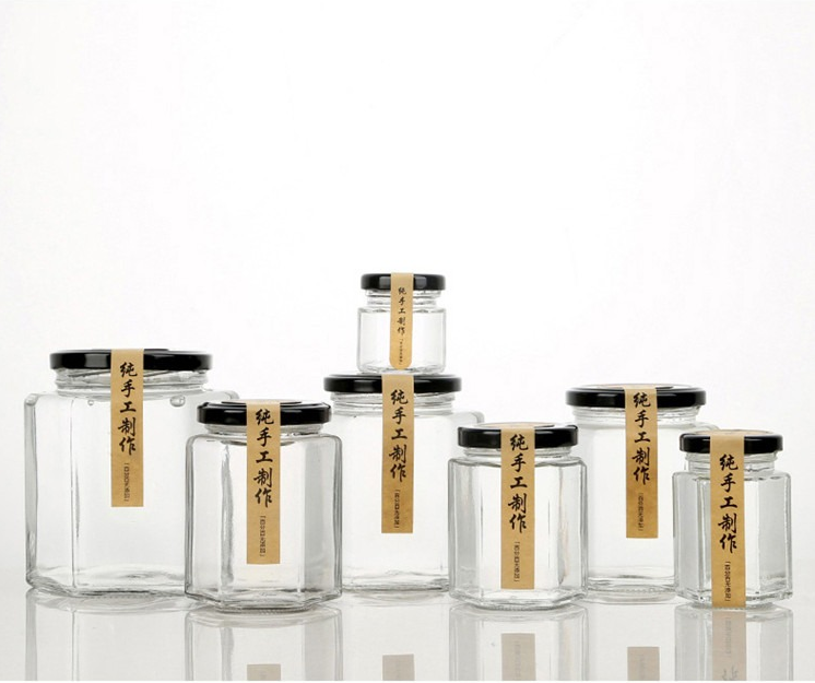Wholesale 100ml 280ml 380ml 500ml various sizes Hexagonal Glass Jam Jar with Mental Lids