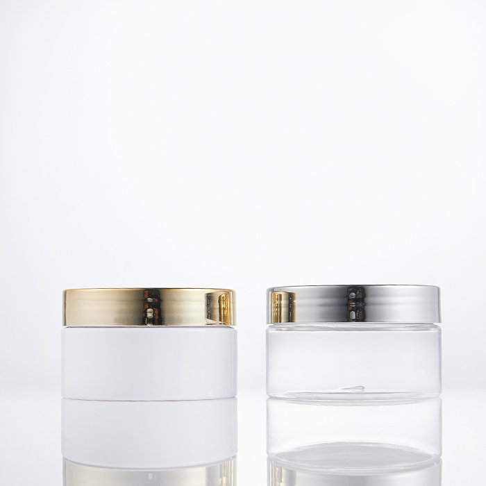 Wholesale 100ml Bath Salt Cream PET Cosmetic Jar White Clear Golden Lid Cylinder Plastic Jar