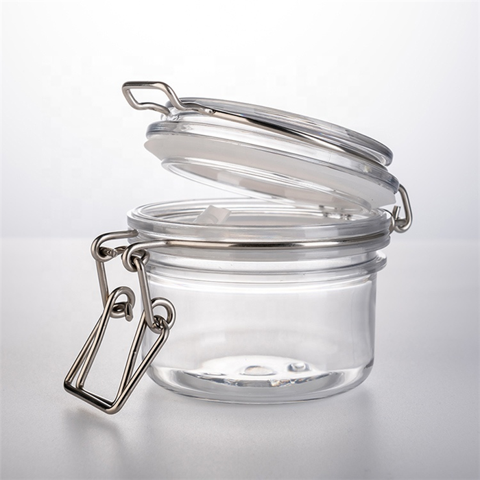 Wholesale 100ml free sample airtight plastic cream candle jar wood lid with metal clip top