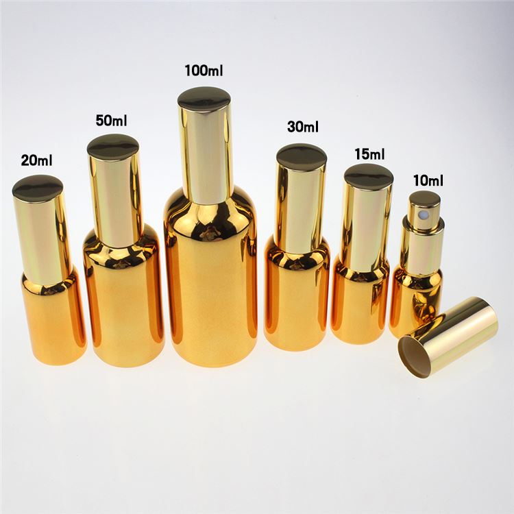 Wholesale 10ml 15ml 20ml 30ml 50ml 100ml fine mist glass spray bottle , gold glass spray bottle for essential oil
