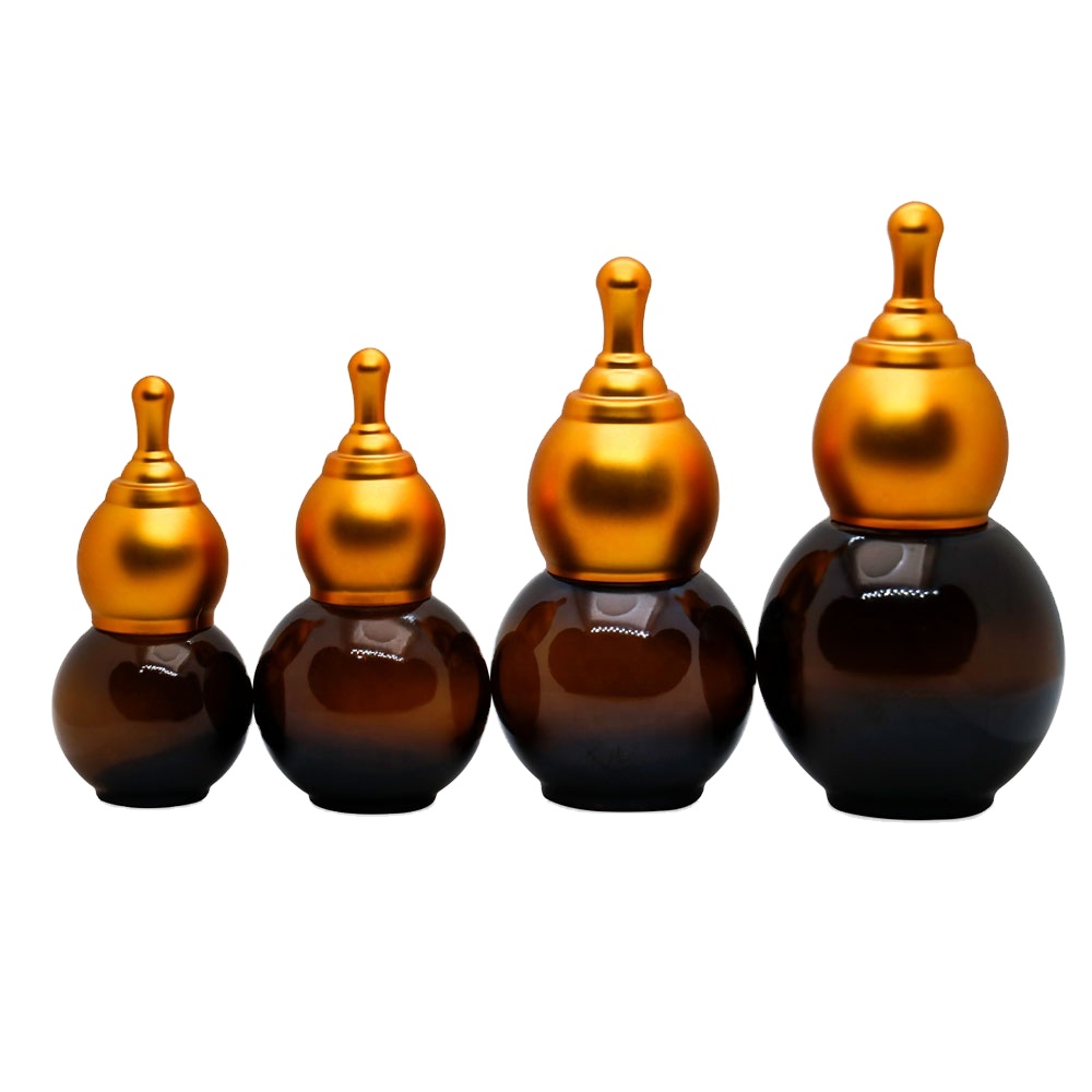 Wholesale 10ml 20ml 30ml 50ml Empty Amber Glass Cucirbit shape Essential Hair Oil Dropper Bottles for essential oil