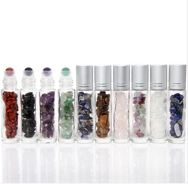 Wholesale 10ml Essential Oil Glass Bottle Gemstone Roller Ball Bottles with Natural Semiprecious Stones