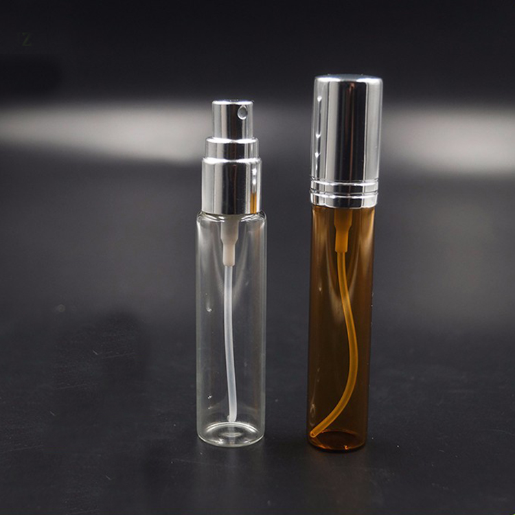 Wholesale 10ml clear amber mini tester perfume glass tube bottle with mist spray caps