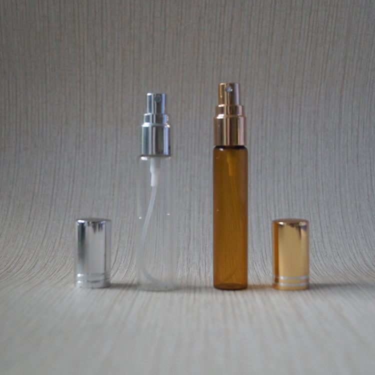 Wholesale 10ml clear amber mini tester perfume glass tube bottle with mist spray caps